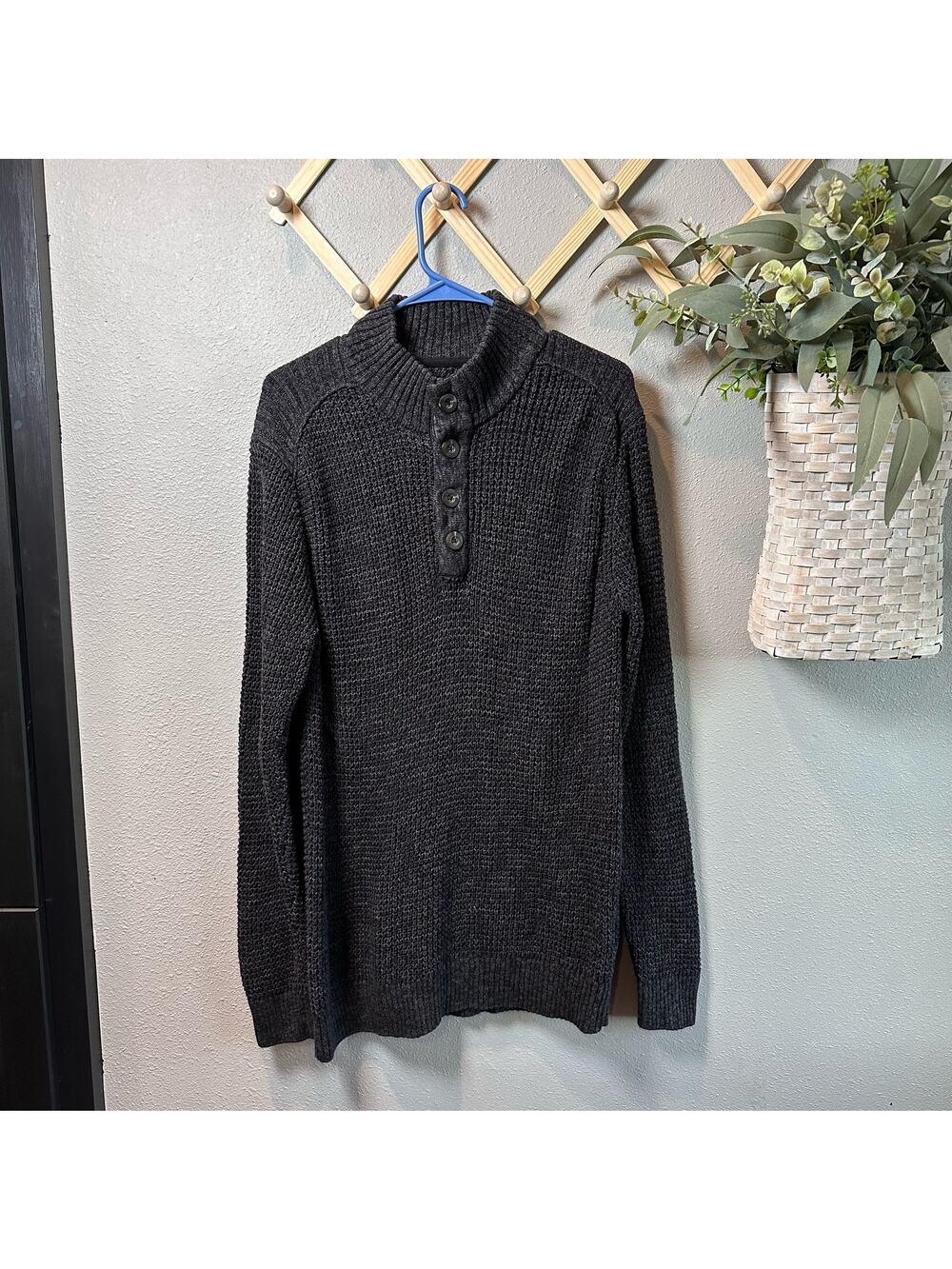 Alesbury, Gray Knit Cotton Sweater, Henley Pullover, Men's XL Button Up Long Sl